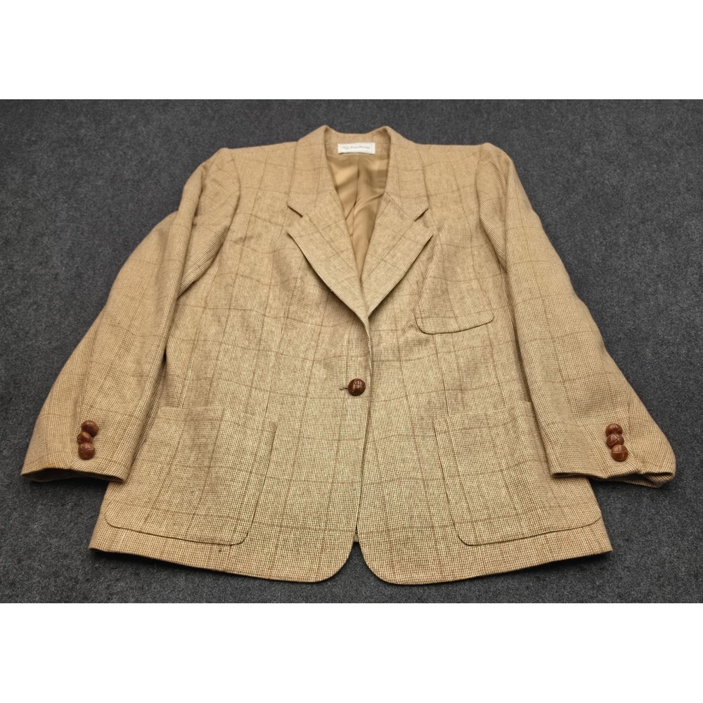 Evan-Picone Blazer Womens L Tan Glen Plaid Wool Blend Button Vintage Jacket